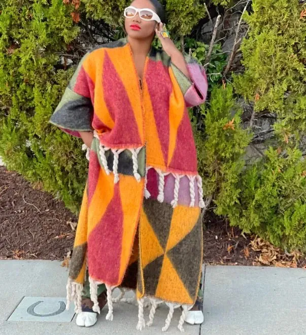 African-inspired Plus Size Casual Print Fringe Cardigans: Stylish Ankle Length Outwear for Winter