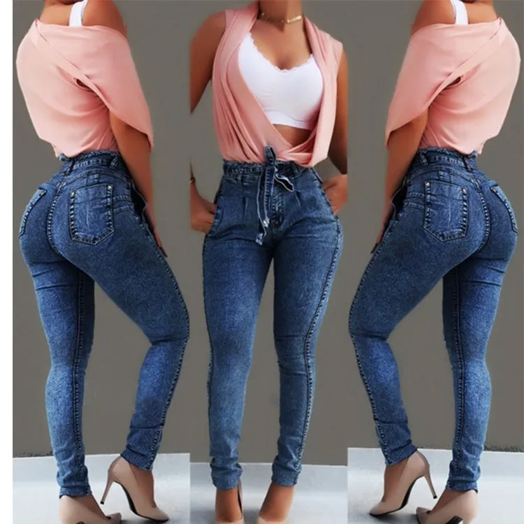 High Waist Jeans Women Streetwear Bandage Denim Plus Size Skinny Jeans for Women