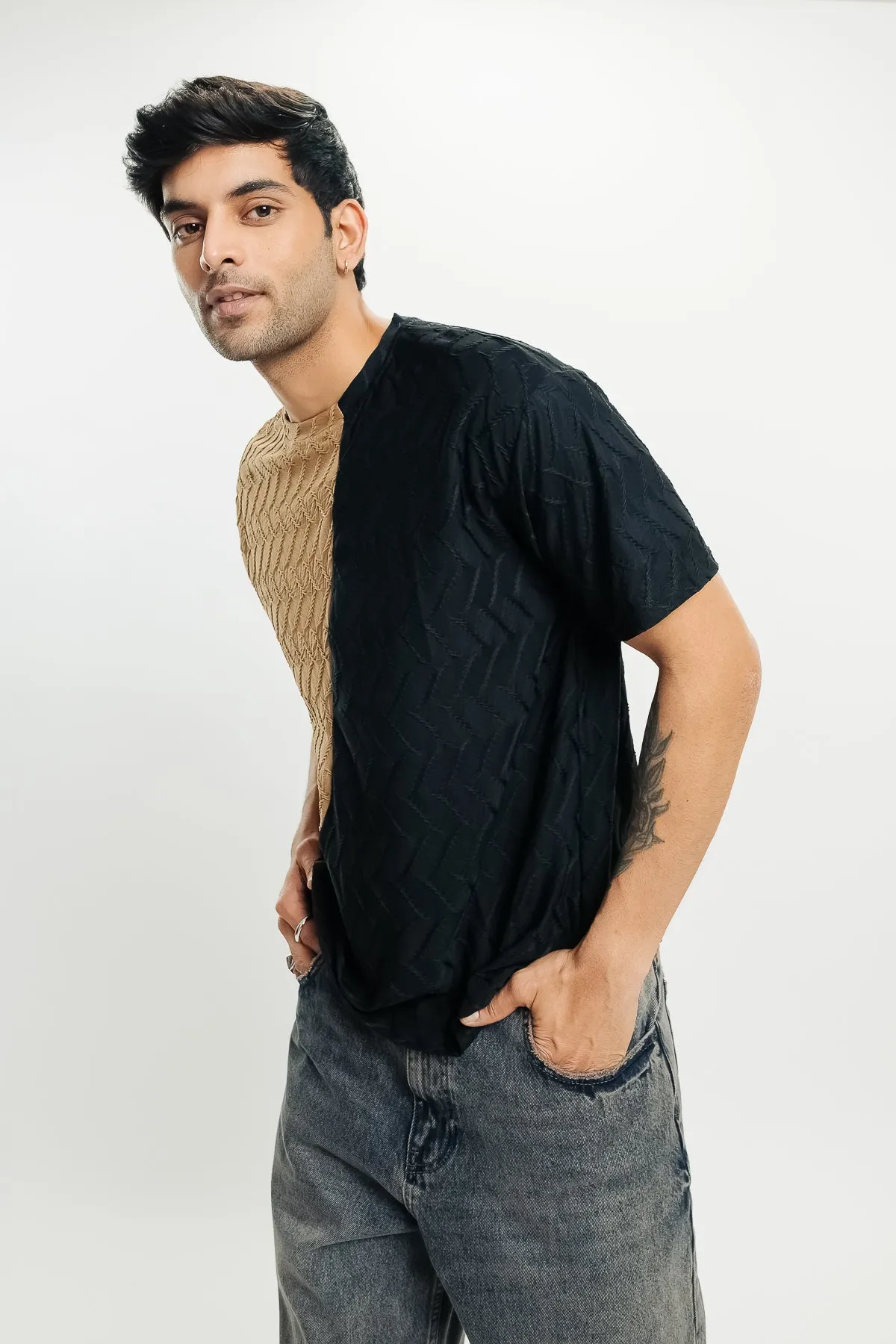 Men's Black Brown Textured T-Shirt